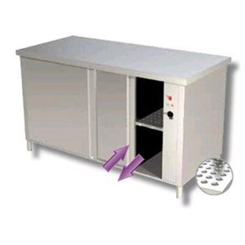 Heated stainless steel table with sliding doors and upstand