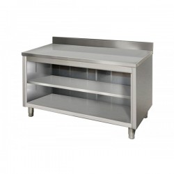 Stainless steel cupboard open with backsplash