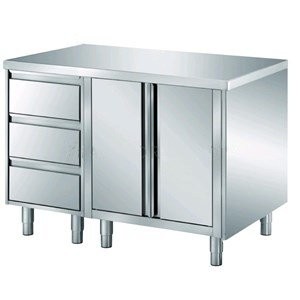 Stainless steel table with sliding doors, drawers
